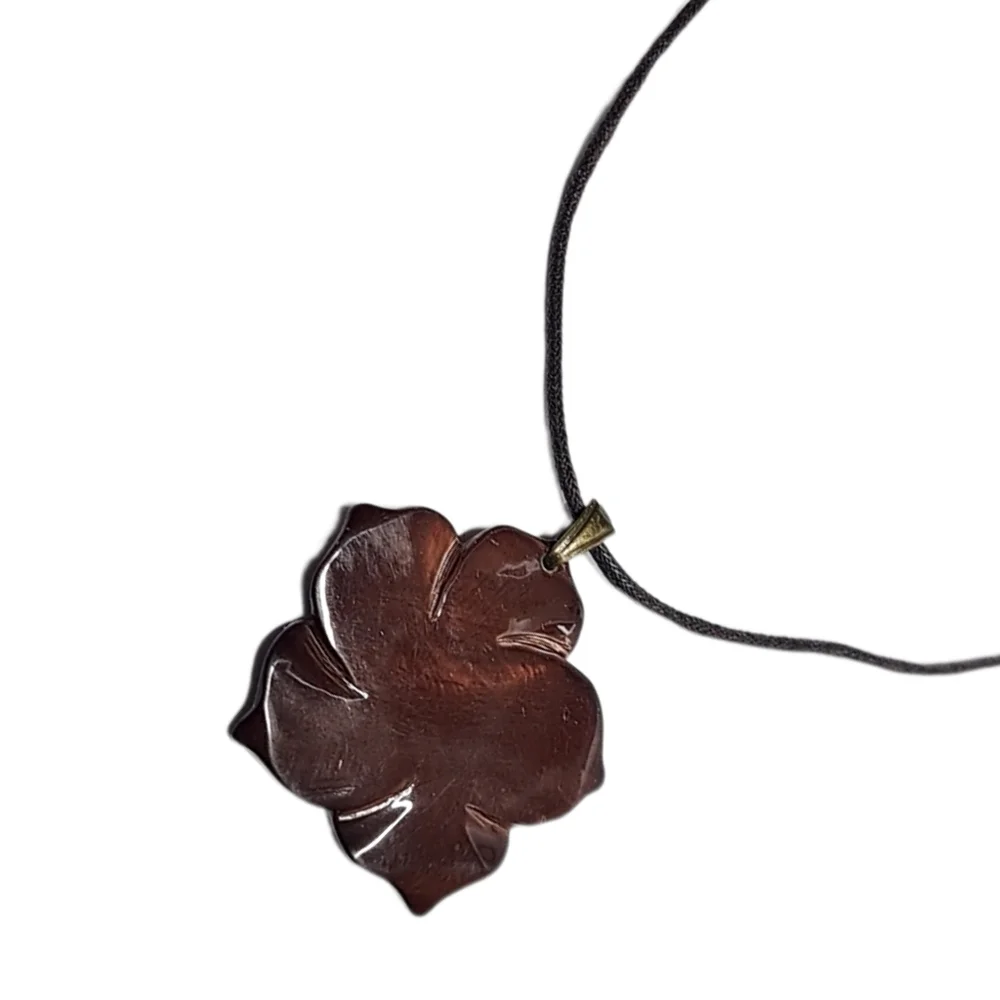 Brown Glass Flower Pendant Necklace with Pink Rhinestone on Brown Cord | NWOT